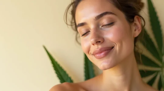 Peau apaisée et hydratée avec éléments naturels de CBD et textures douces, lumière naturelle