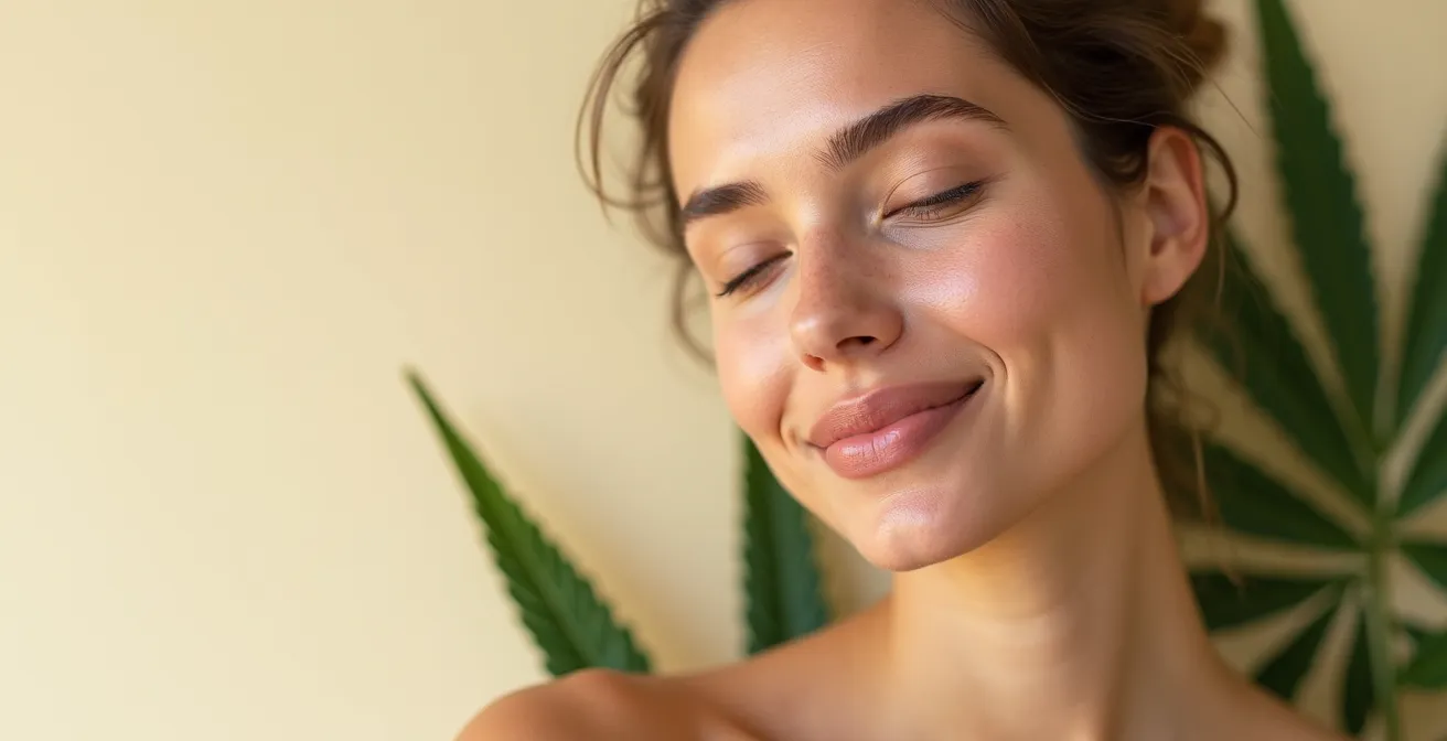Peau apaisée et hydratée avec éléments naturels de CBD et textures douces, lumière naturelle