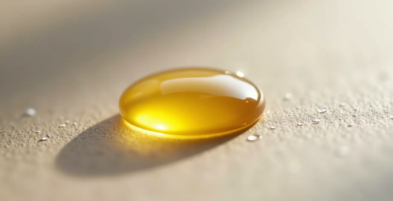 Gros plan macro sur texture huile CBD pure, effet hydratant